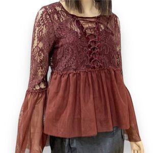 Brown Lace Long Bell Sleeve Lace Up V Neckline Ruffle Trim Blouse Top - NEW